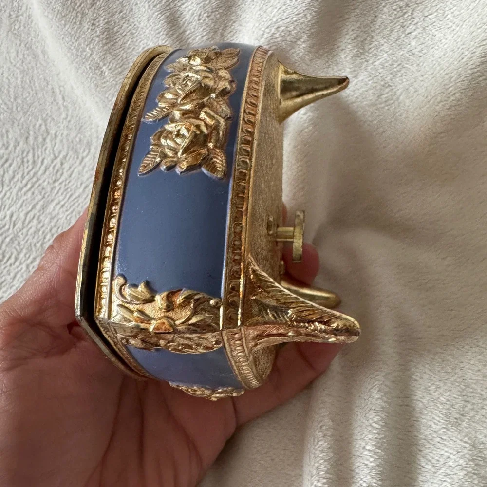 Sankyo Musical Jewelry Box Heart Blue Enamel Gold Cameo Pearl Vintage Japan